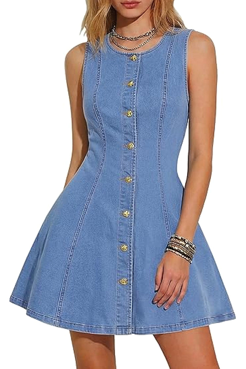 Women's Elegant Sleeveless Denim Dress with Pockets