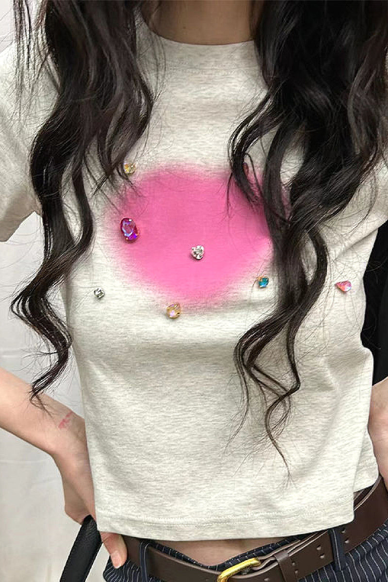 Y2K Heart Shaped Rhinestone Short Sleeve Top