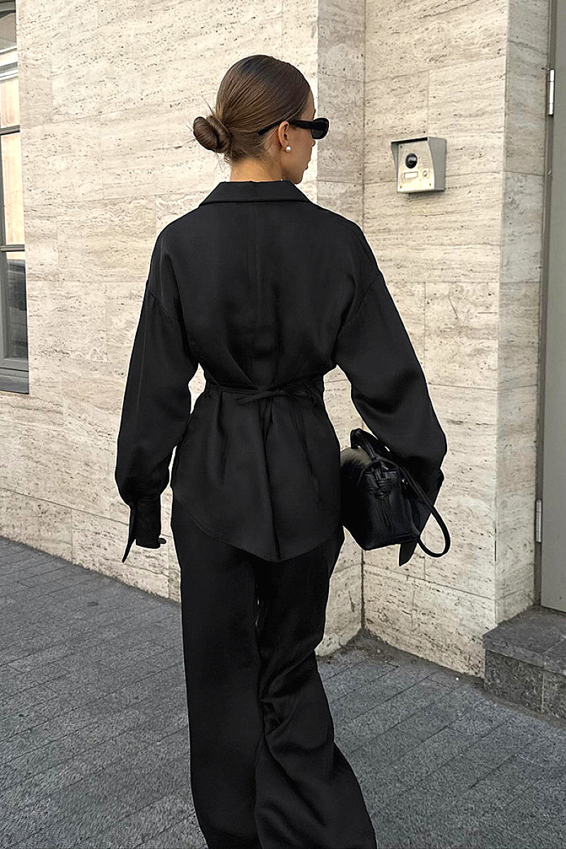 French Design Waist-Tie Long Sleeve Pants Set