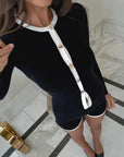 Color Block Long Sleeve Cardigan and Shorts Set