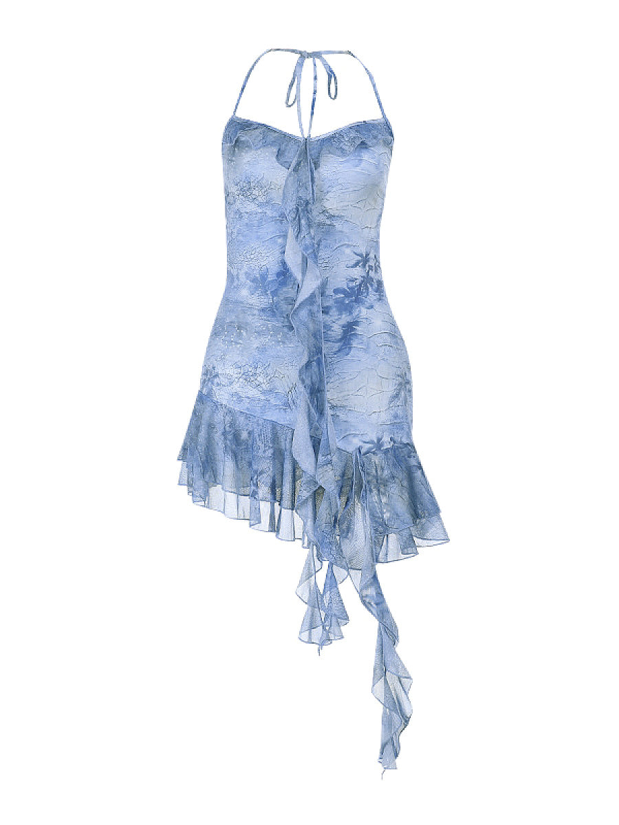 Sexy Floral Ruffle Neck Backless Mini Dress