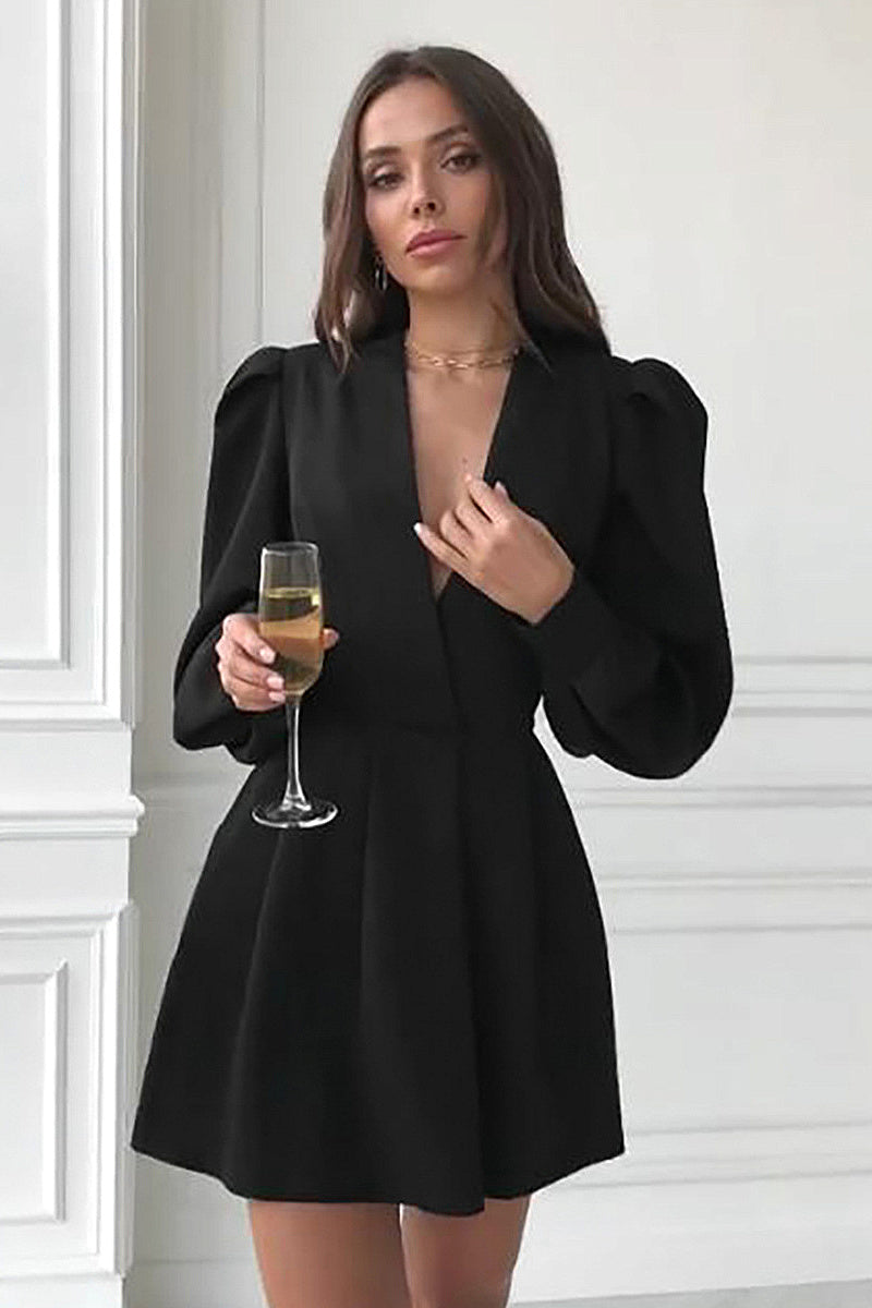 French Style Elegant Black V-Neck Dress for Women