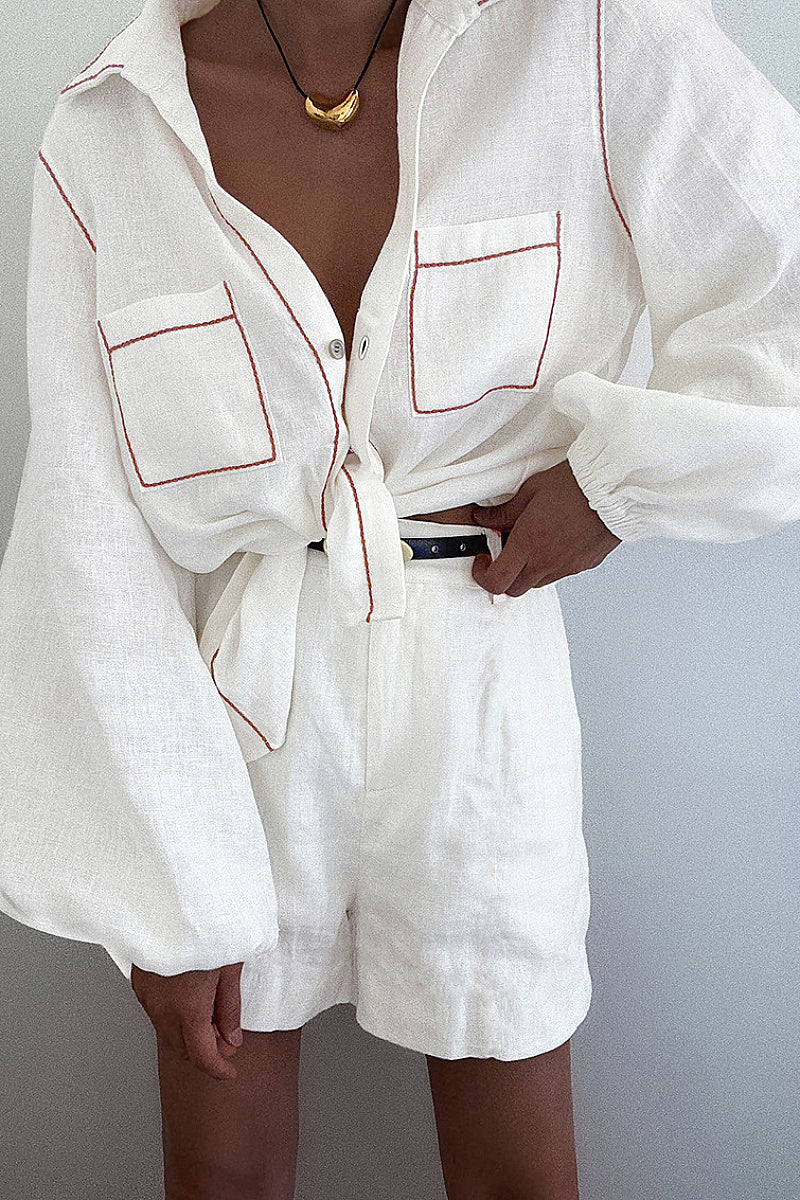 Color Block Cotton Long Sleeve Top and Shorts Set