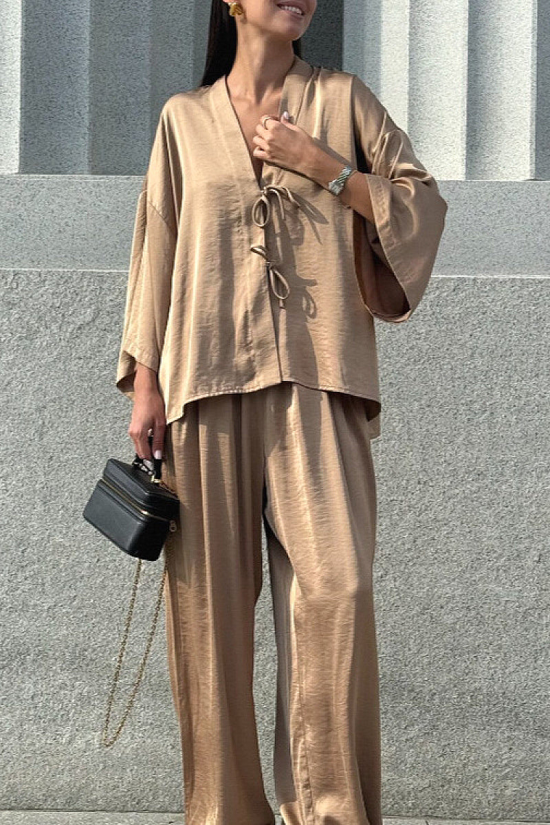 Chic Comfortable Satin Long Sleeve Pants Set
