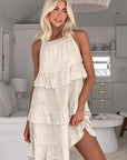 Casual Khaki Cotton Linen Ruffle Dress