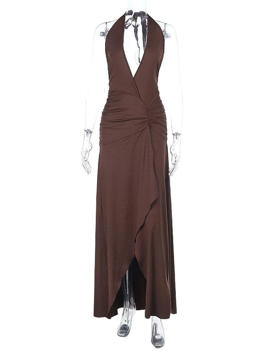Deep V Neck Ruffle Hem A-Line Dress