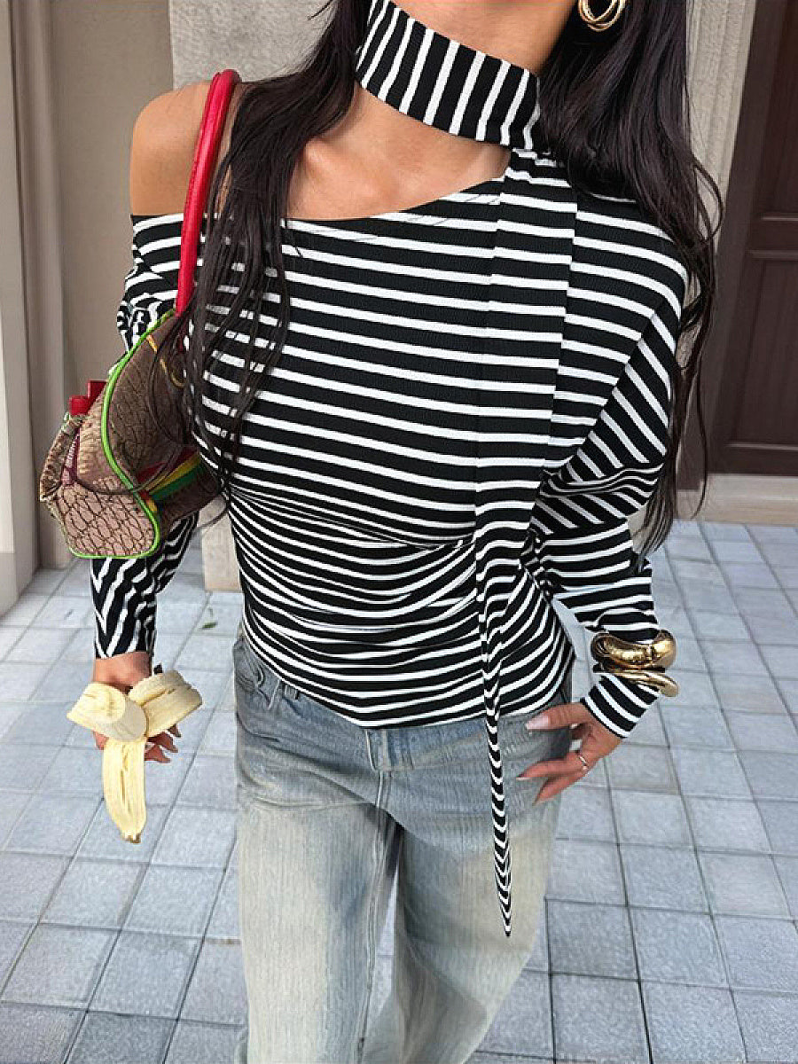 Fashion Striped Asymmetrical Long Sleeve T-Shirt