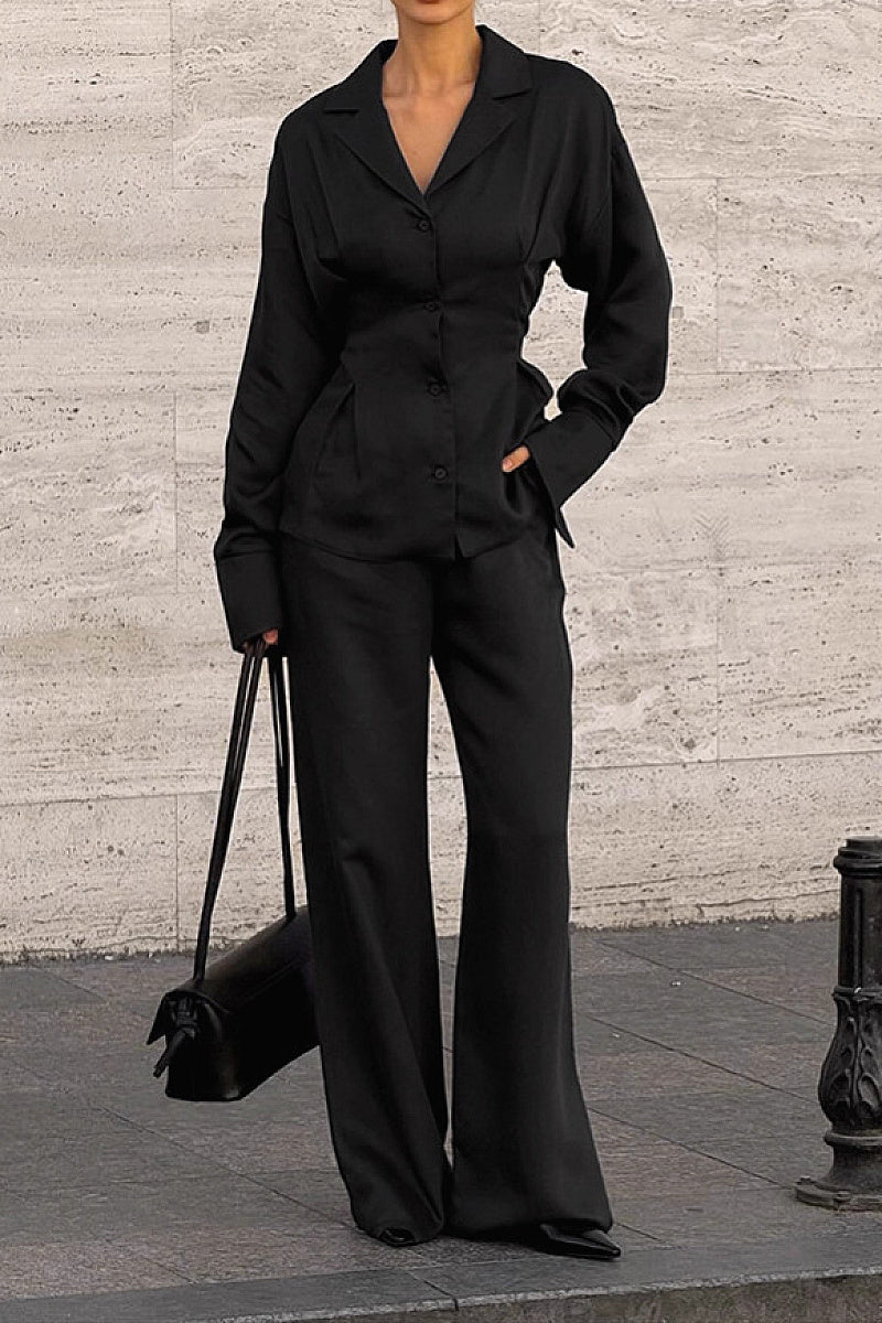 French Design Waist-Tie Long Sleeve Pants Set
