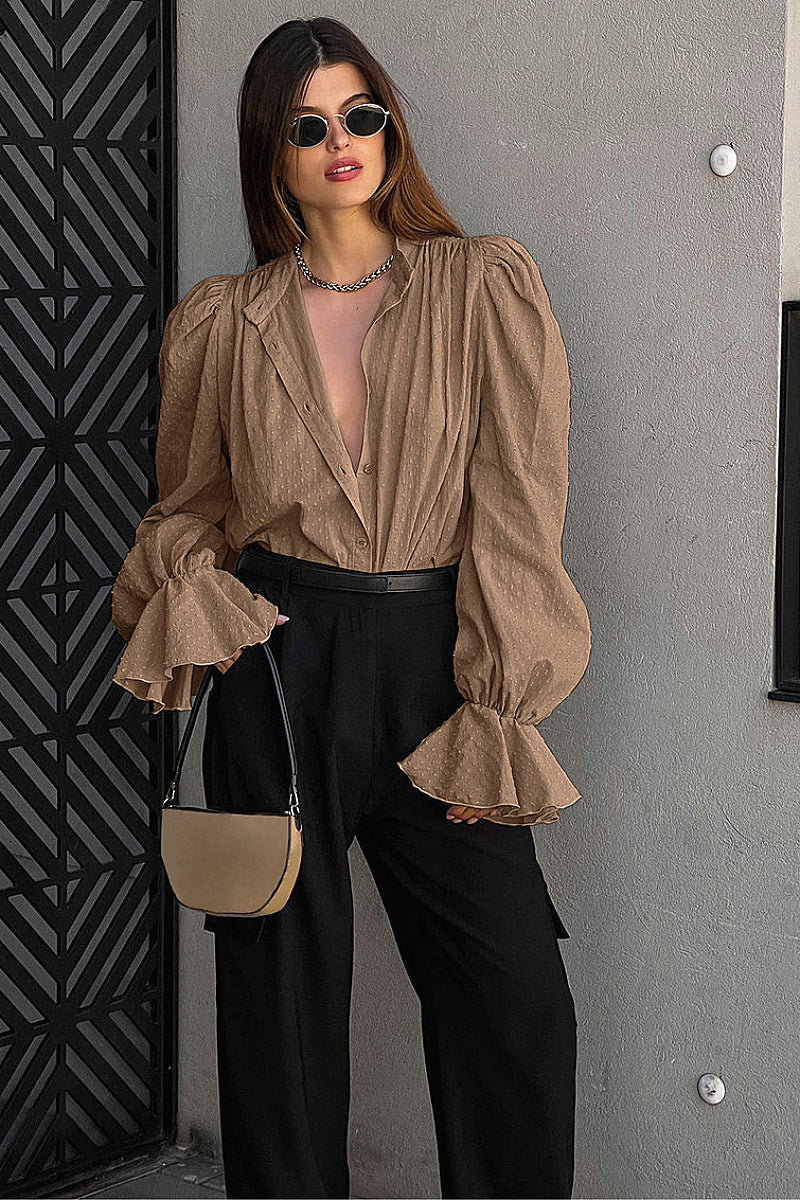 French Jacquard Puff Sleeve Shirt for Casual Style