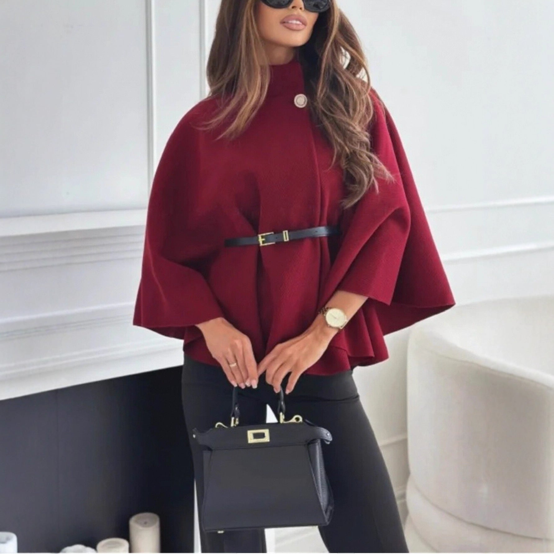 Elegant Winter Women's Cape Coat with Waist Tie