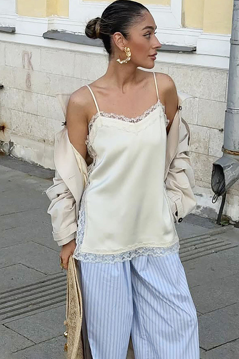 Elegant Lace Trim Satin Cami Top