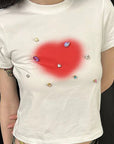 Y2K Heart Shaped Rhinestone Short Sleeve Top