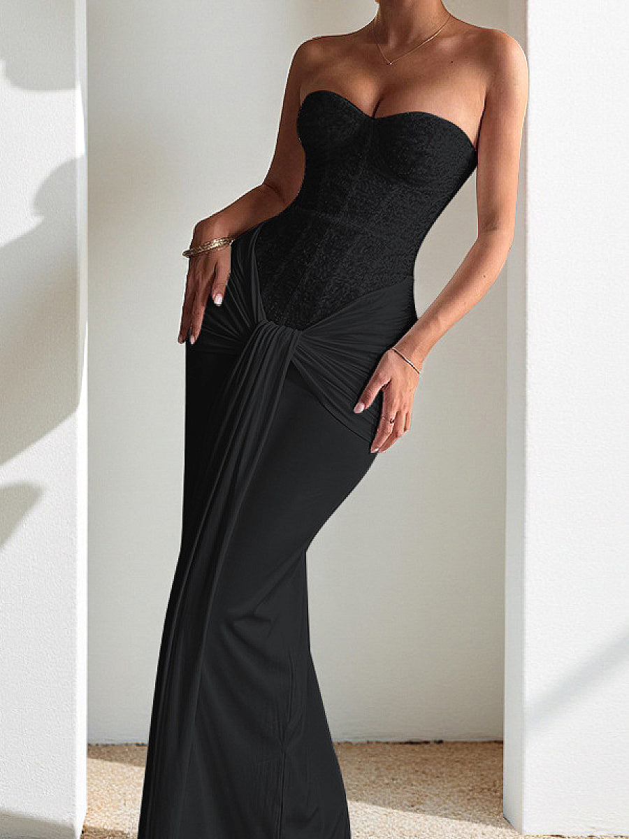 Elegant Strapless Long Dress with Waist Tie