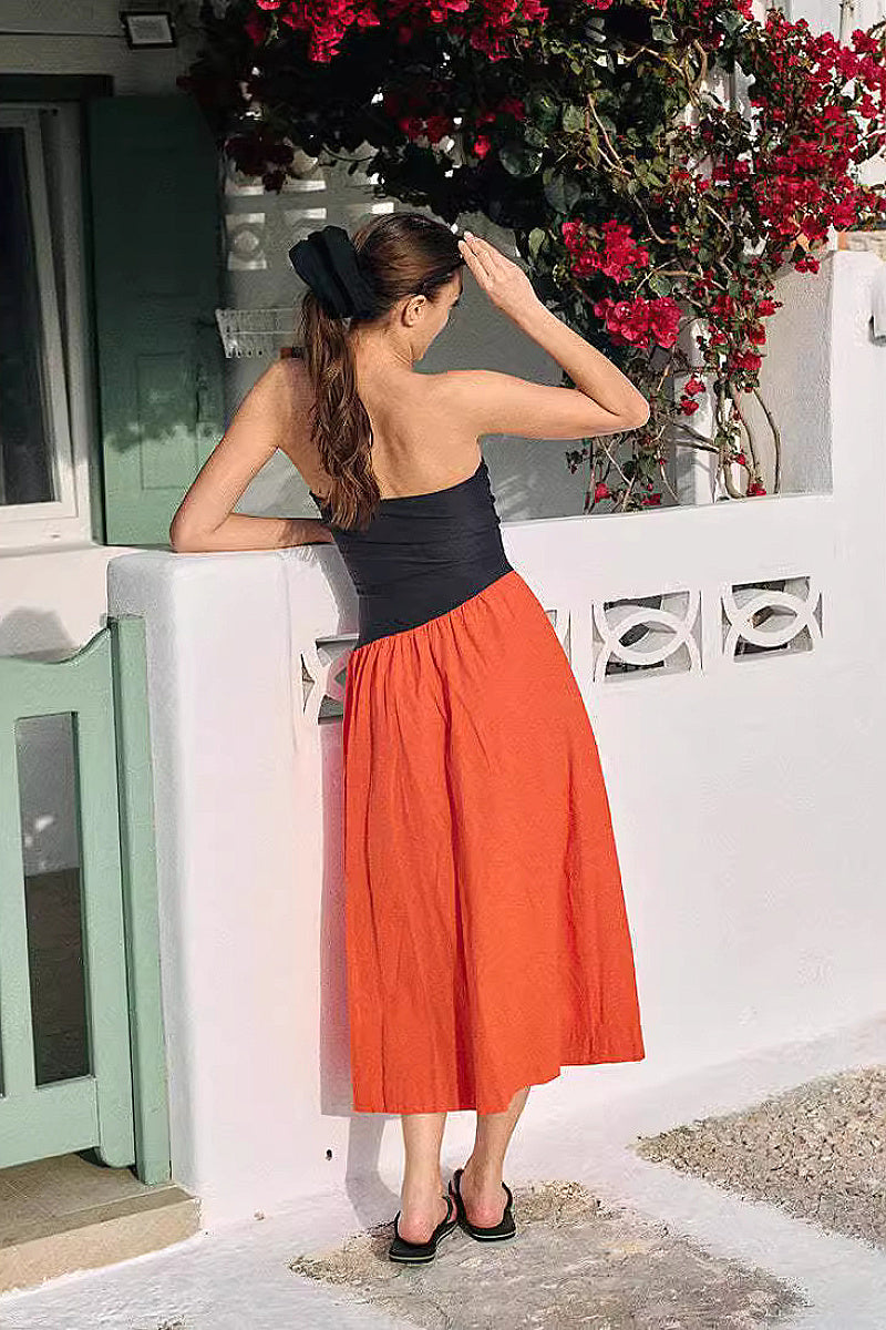 Fashion Color Block Strapless Maxi Dress