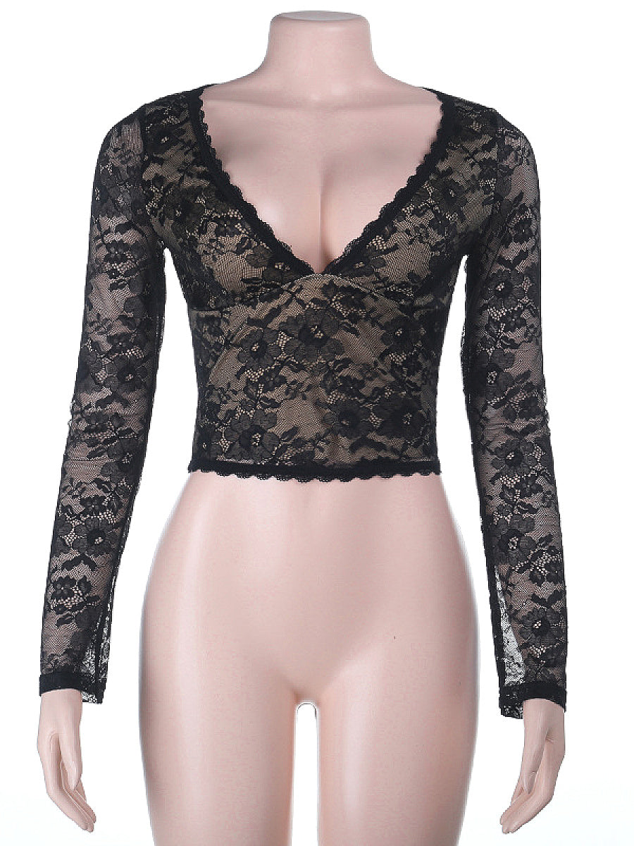 Chic Lace V-Neck Sheer Top for Fall