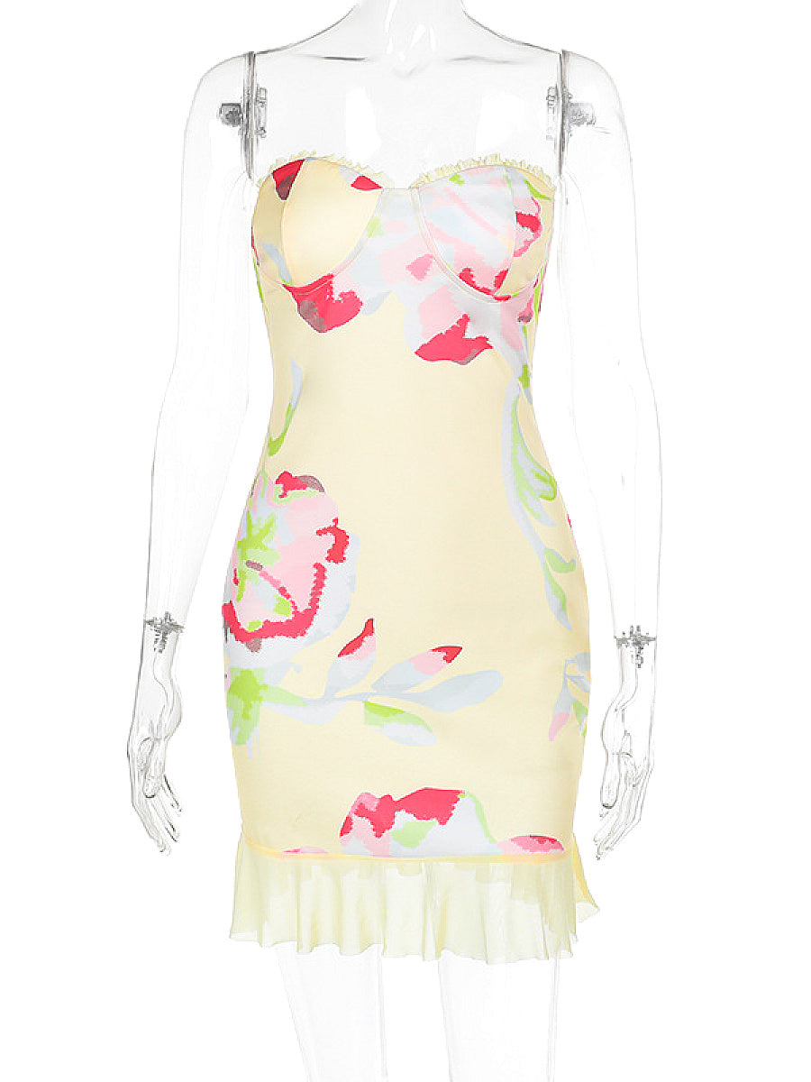 Spring Floral Print Strapless Bodycon Dress