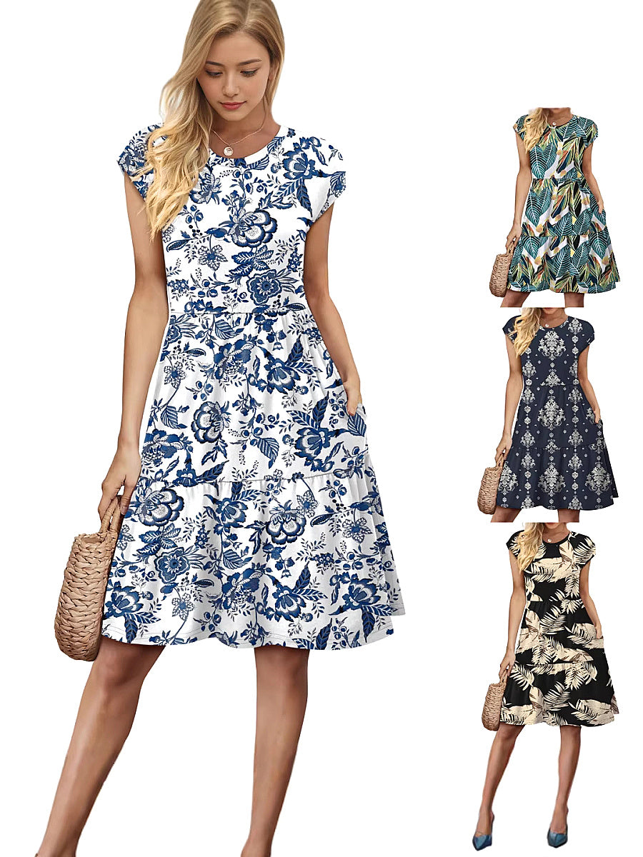 Fashionable Printed Dress with Cap Sleeves