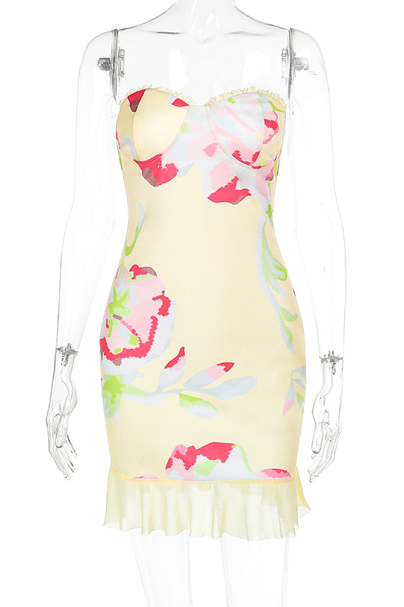 Spring Floral Print Strapless Bodycon Dress