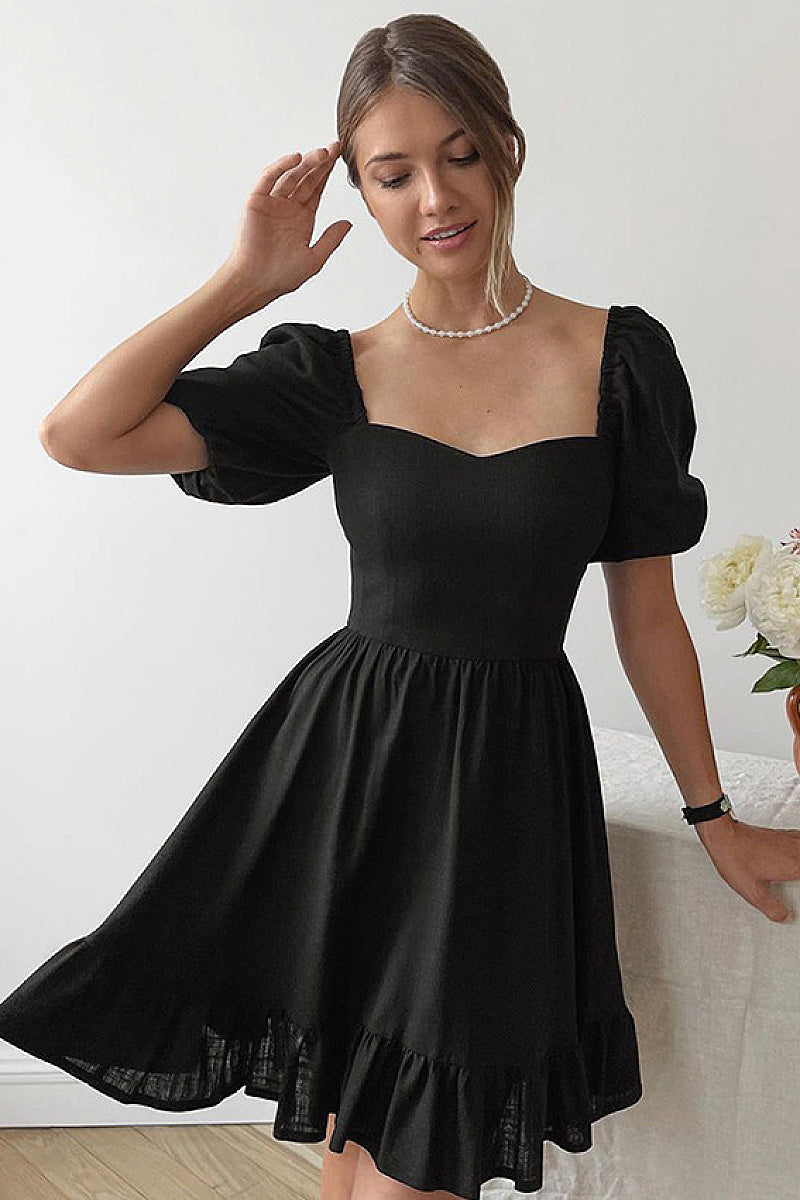 French Style Ruffled Dress with Puff Sleeves