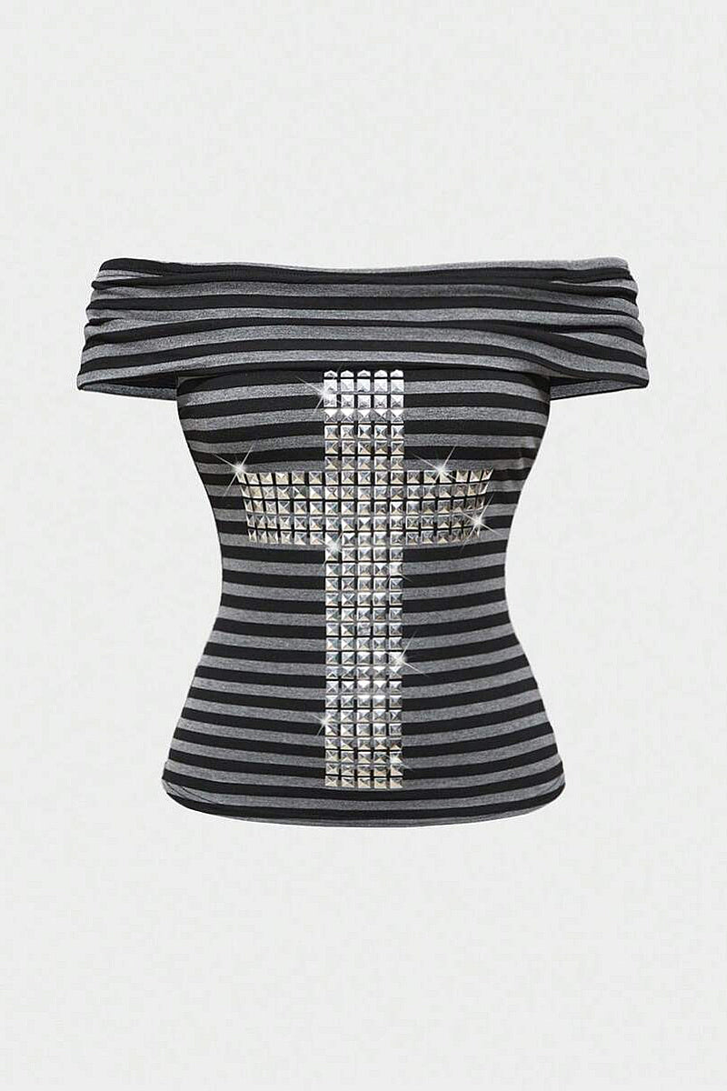 Summer Short Sleeve Off-Shoulder Striped Top