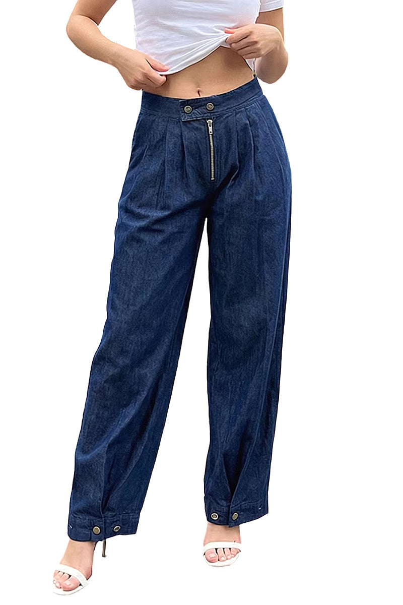 High Waist Zipper Cuffed Denim Pants for Women
