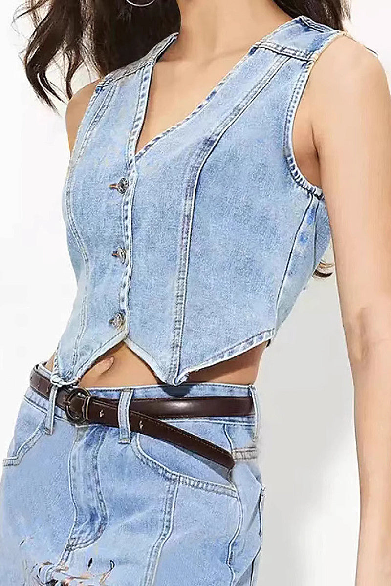 Fashionable Women's V-Neck Denim Vest