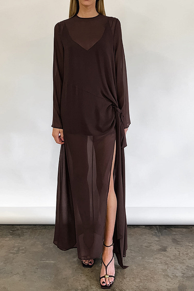 Brown Mesh Design Long Sleeve Dress with Bow Tie