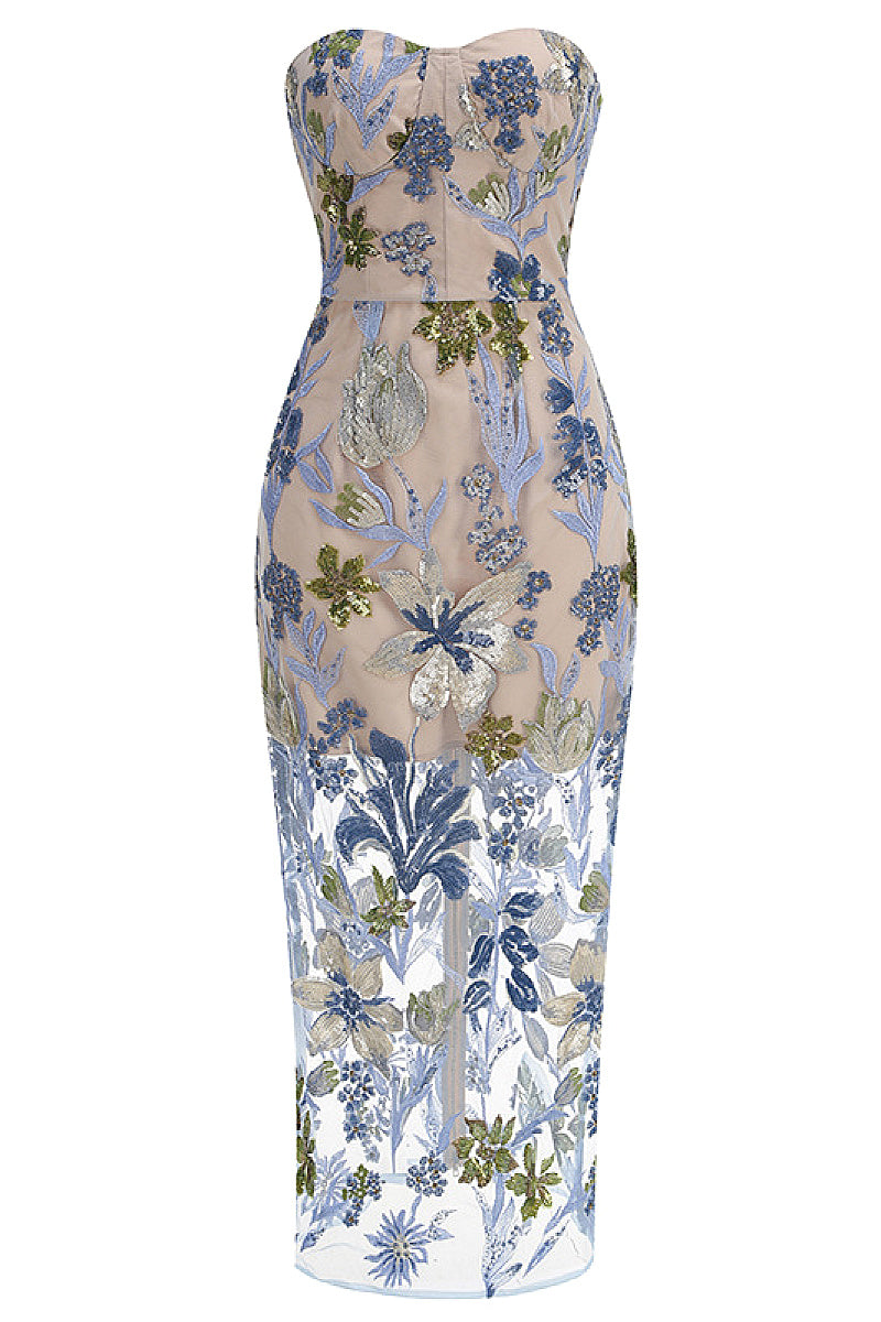 Elegant Embroidered Sequin Flower Strapless Dress