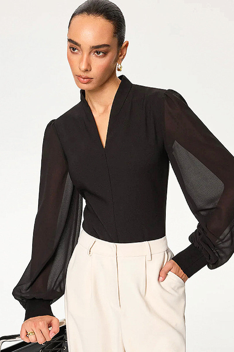 V-Neck Sheer Long Sleeve Blouse for Women