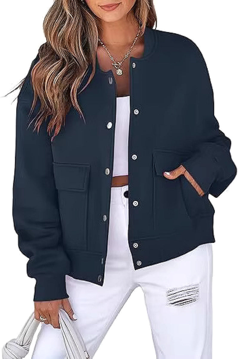 Fashionable Round Neck Short Jacket with Pockets