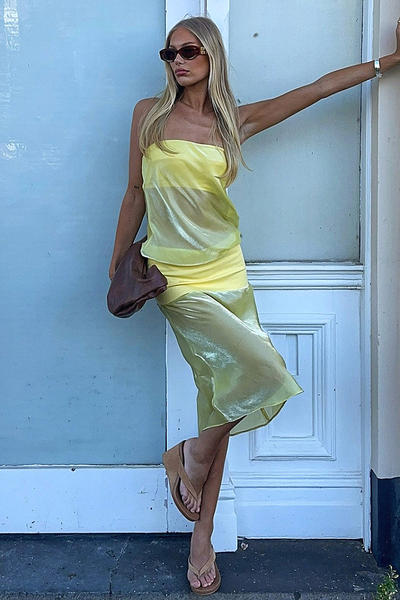 French Color Block Strapless Midi Dress