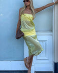 French Color Block Strapless Midi Dress