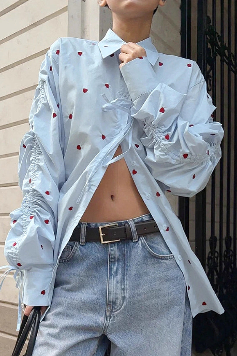 Russian Heart Print Collared Shirt for Women