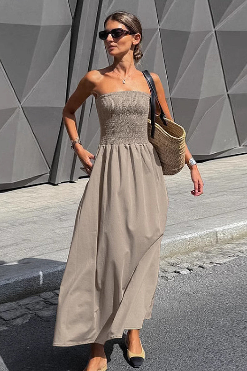 Elegant Strapless A-Line Dress in Khaki