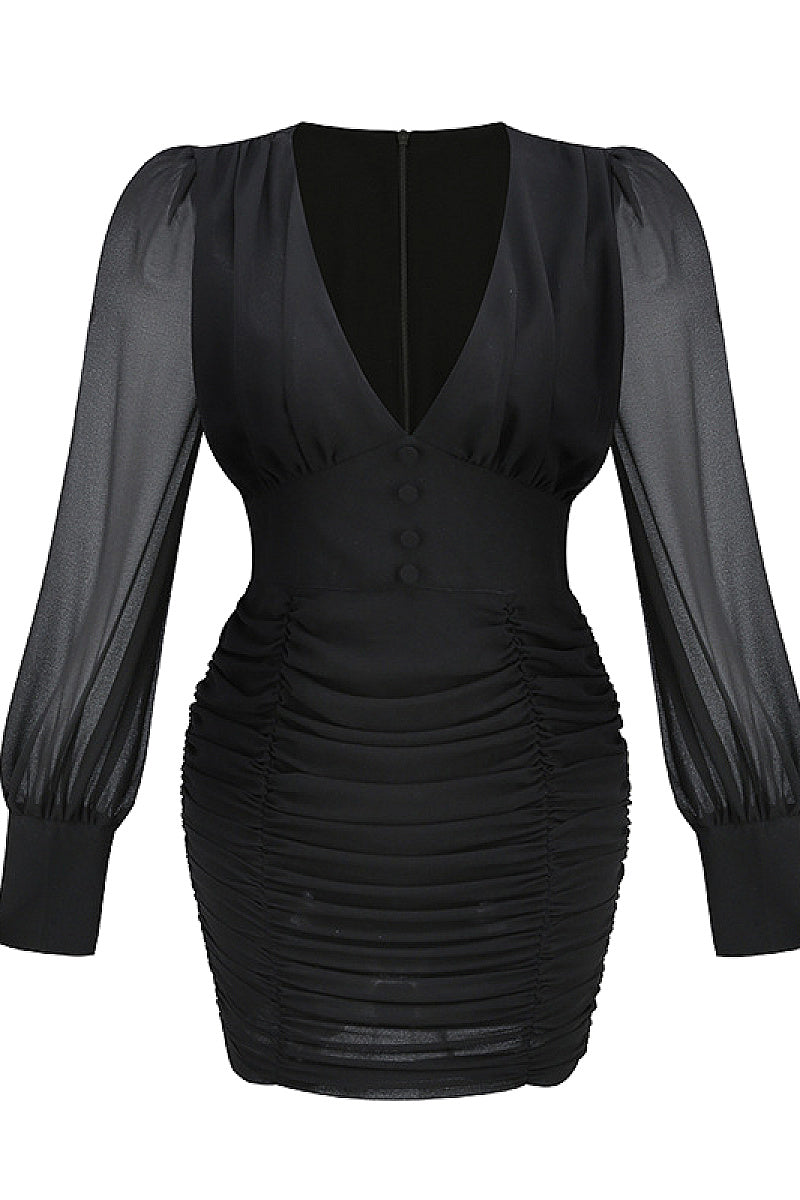 Elegant Black Chiffon Deep V Long Sleeve Dress