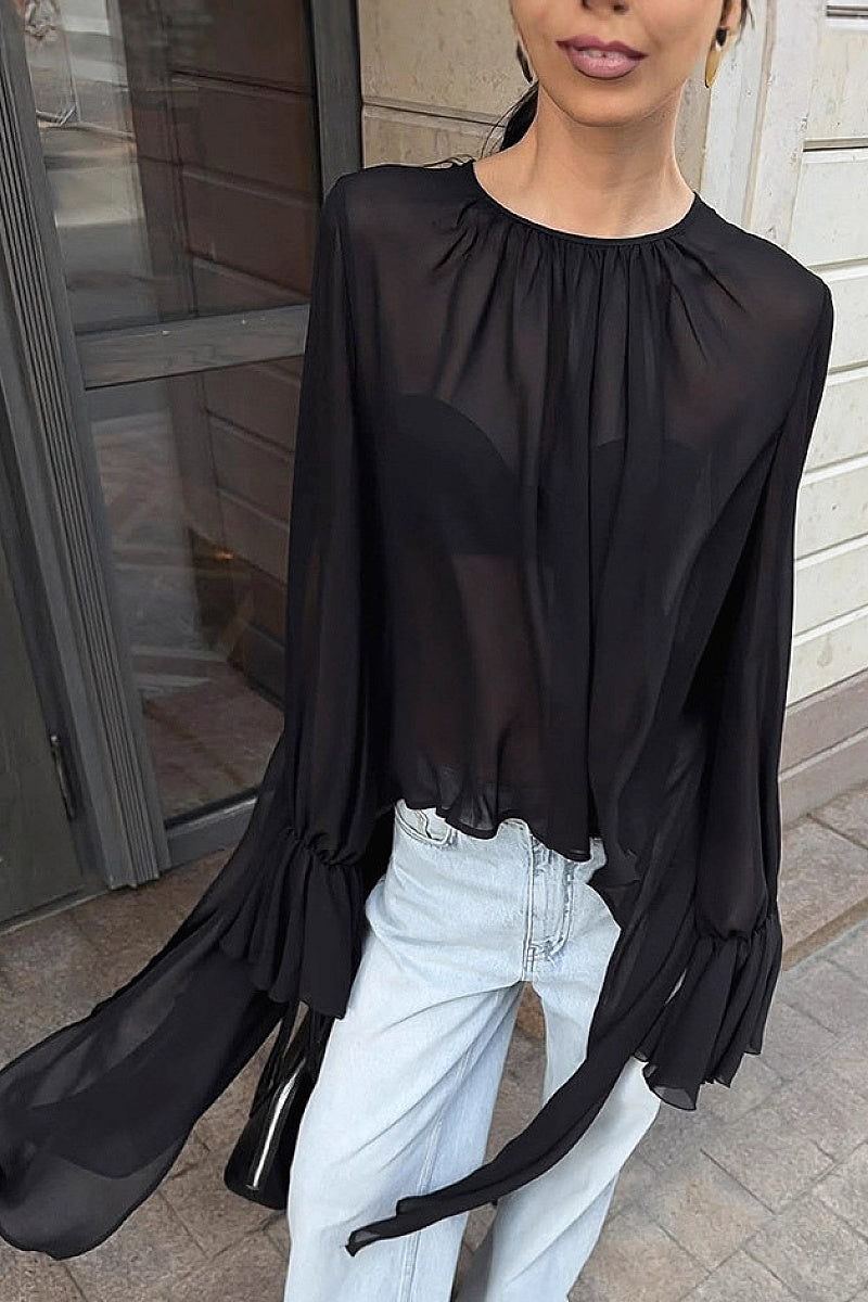 Chic Black Chiffon Top with Flare Sleeves