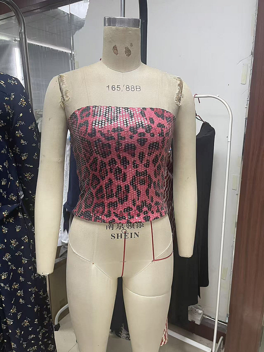 High Waist Leopard Print Sequin Crop Top