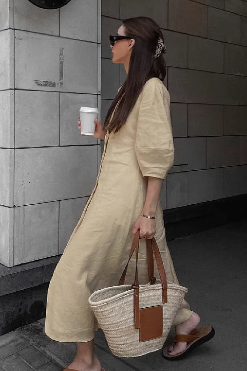 Casual Loose Cotton Linen Dress with Puff Sleeves