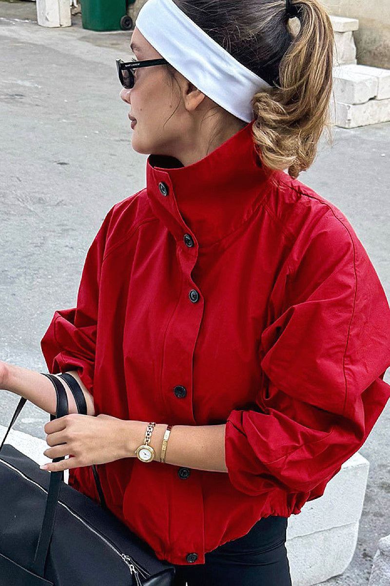 Stylish Red High Neck Windbreaker for Women