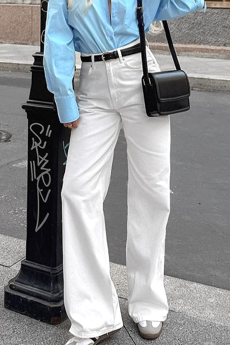 High Waist White Straight Leg Jeans for Women