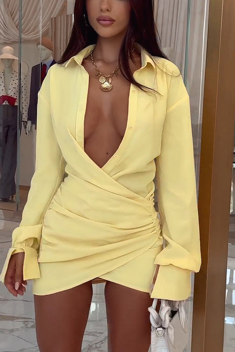 Sexy Deep V Neck Pleated Bodycon Dress