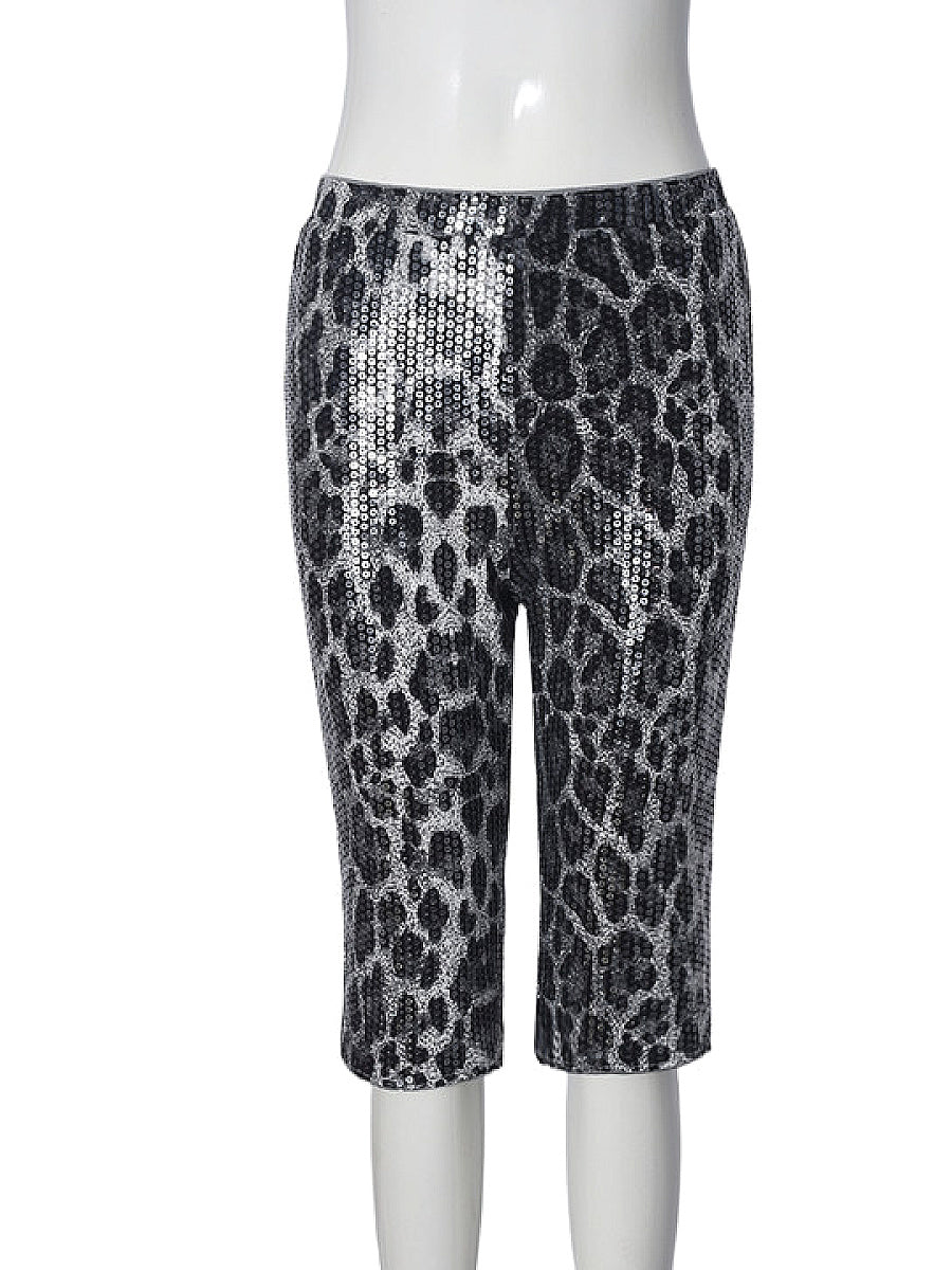 Trendy Sequin Leopard Print Elastic Waist Shorts