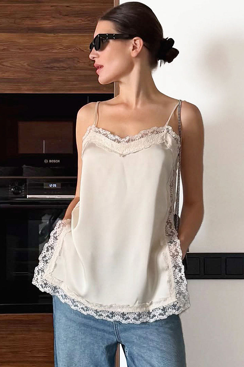 Elegant Lace Trim Satin Cami Top