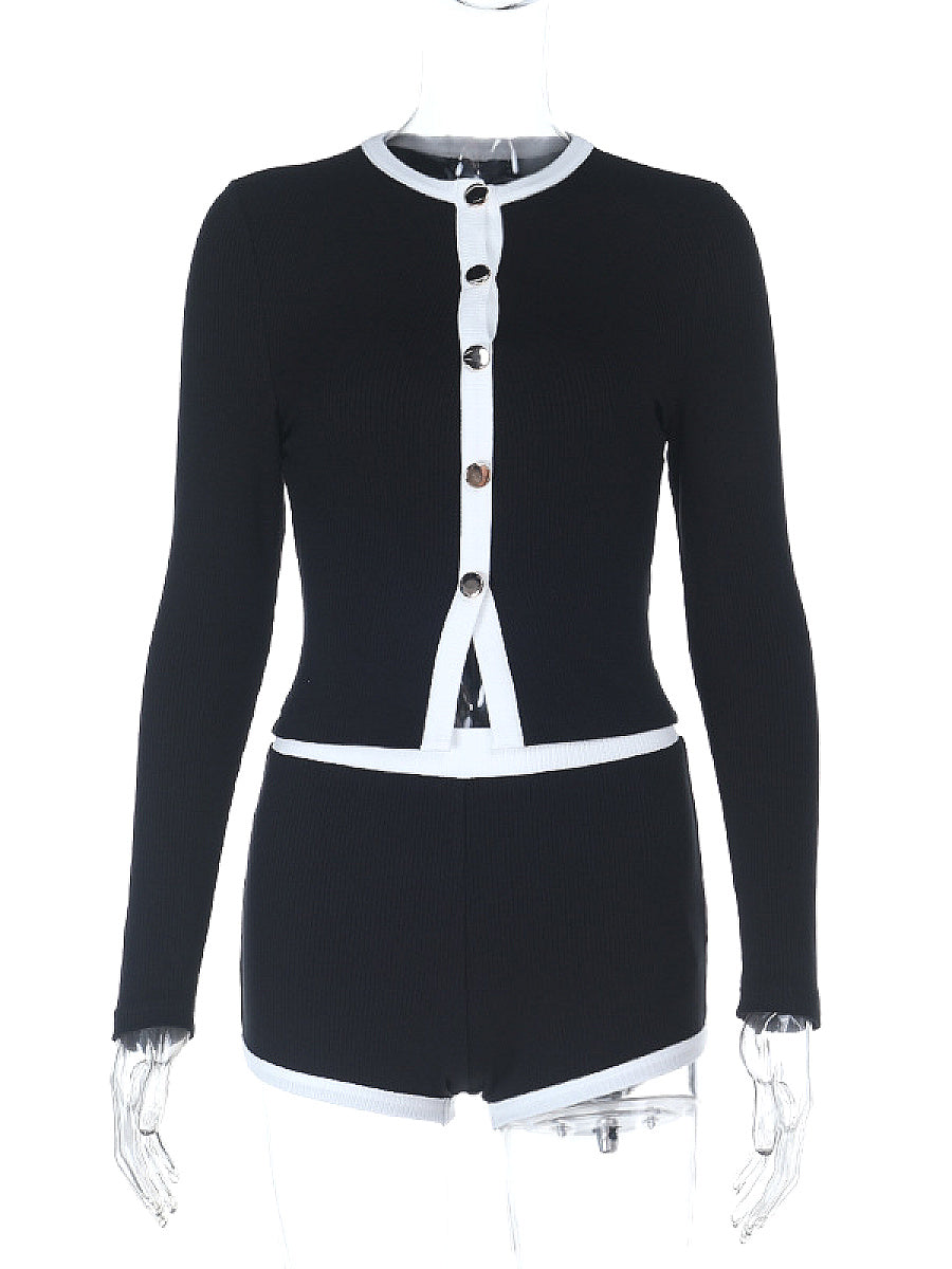 Color Block Long Sleeve Cardigan and Shorts Set