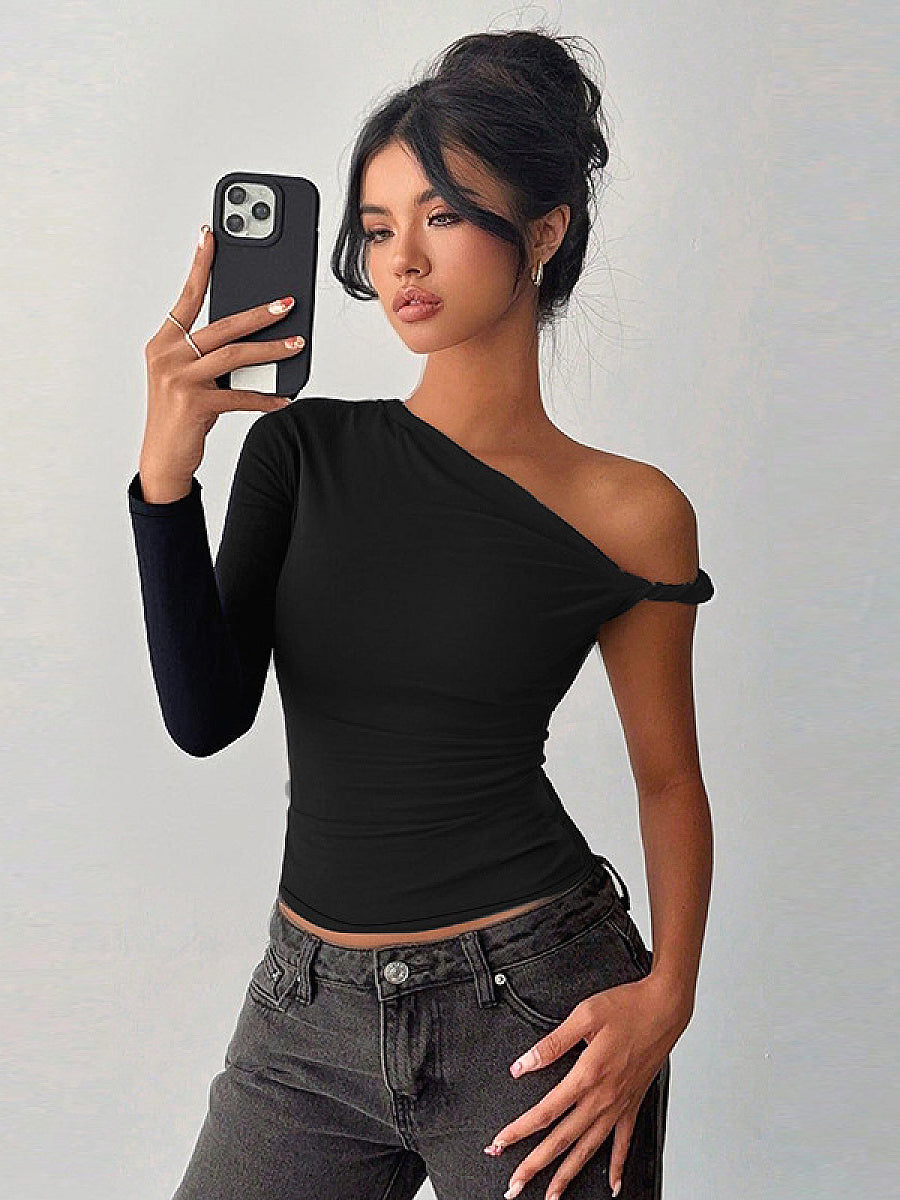 Trendy One-Shoulder Black Long Sleeve Top