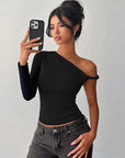 Trendy One-Shoulder Black Long Sleeve Top