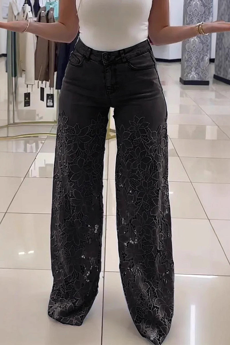 High Waist Lace Inset Straight Leg Jeans