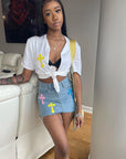 High Waist Denim Fringe Skirt with Embroidery