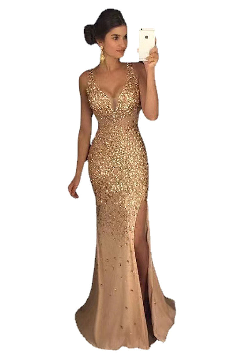 New V-Neck Long Dress with Gold Foil Design