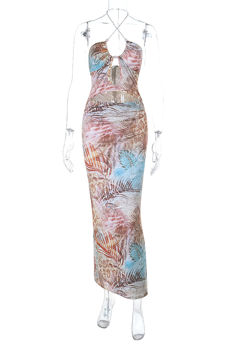Summer Halter Neck Backless Dress with Chain Print